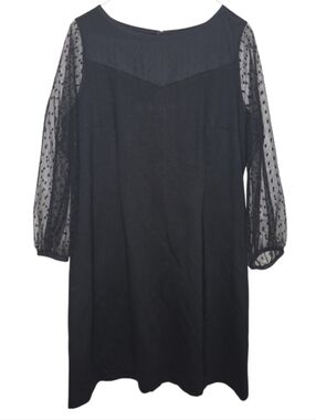Talbot's Black Ponte Knit Mesh Dot Sheer Sleeve Shift Dress Size 14 Petite